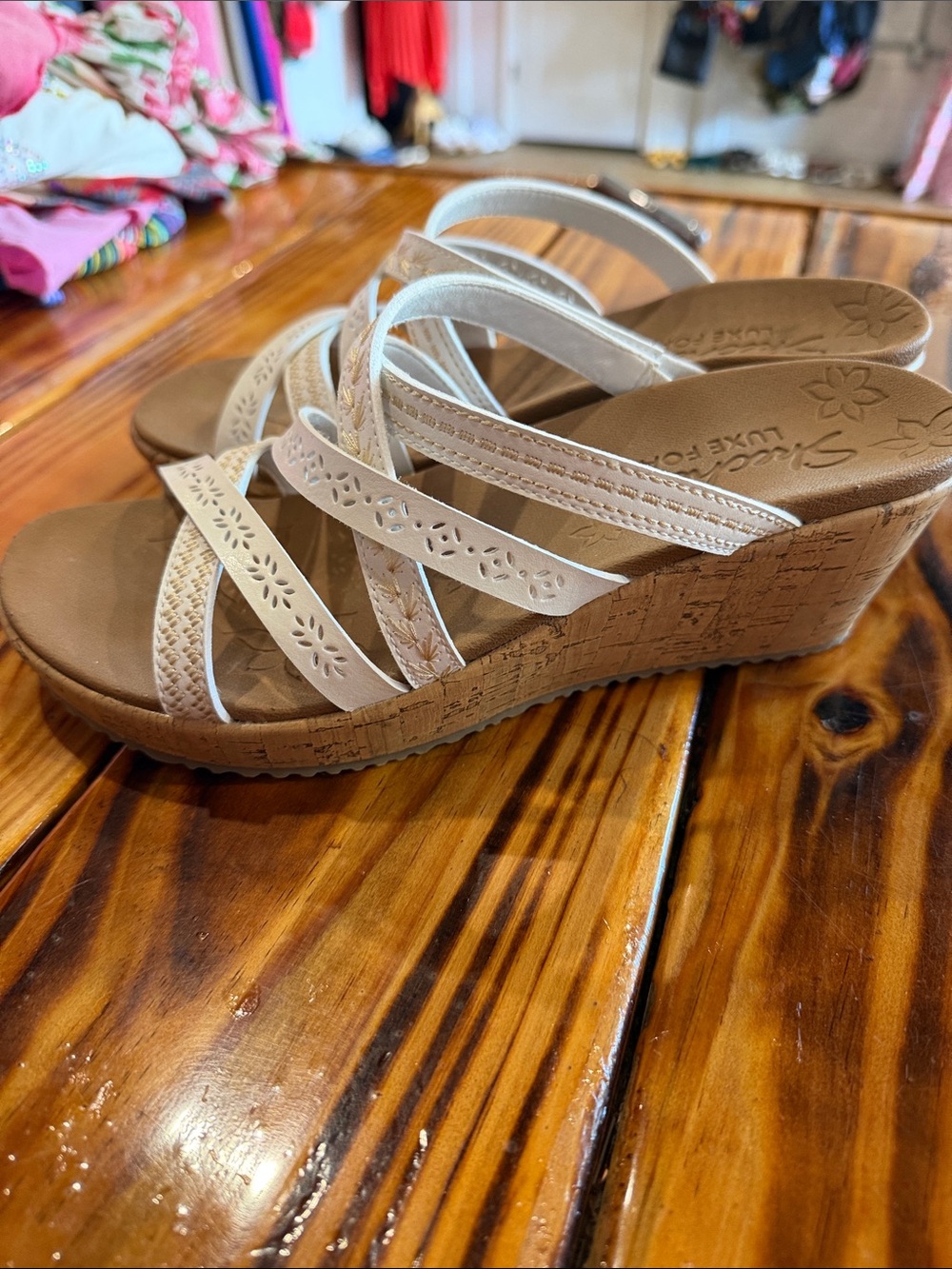 Skechers Cream Floral Laser-Cut Wedge Sandals - Picture 3 of 4